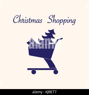 Carrello con albero di Natale e regali. Anno nuovo e i simboli del natale. Illustrazione Vettoriale