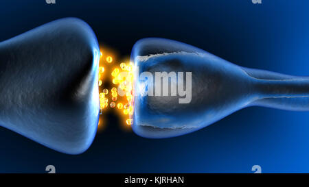 La neurotrasmissione nella sinapsi. 3D Rendering animazione. Foto Stock