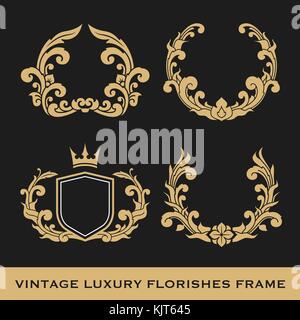 Set di lusso vintage telaio del monogramma di modello di progettazione per etichetta, telaio, tags prodotto. Retrò design emblema. illustrazione vettoriale Illustrazione Vettoriale