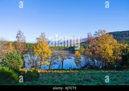 Vista sul Loch un Eilein ai Monti Cairngorm oltre, Rothiemurchus, Highlands scozzesi, soleggiata giornata autunnale, Scozia UK. Foto Stock