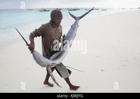 Nungwe, Zanzibar, Tanzania; i pescatori porta un prezioso sailfish ha appena pescato a vendere al mercato locale. Foto Stock