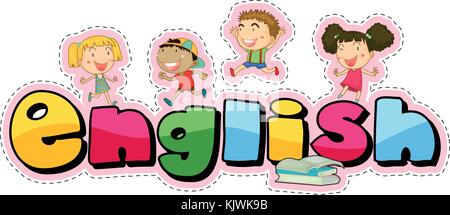Sticker design per la parola inglese con felice illustrazione per bambini Illustrazione Vettoriale