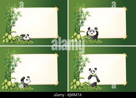 Quattro modelli di confine con panda e illustrazione di bambù Illustrazione Vettoriale