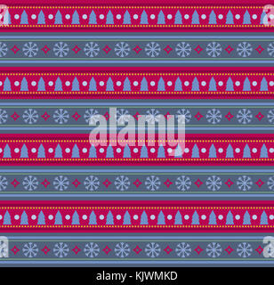 Carino festosa di viola e blu a strisce senza giunture sfondo con fiocchi di neve e alberi di Natale stampa. Illustrazione Vettoriale, modello, modello per desi Foto Stock