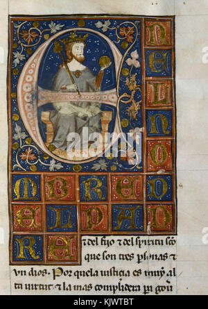 Inizio illuminato di Alfonso XI di Castiglia (1311-1350), The Avenger. Re di Castille, Leon e Galizia. Ordenamiento de Alcalá. Manoscritto di Nicolas Gonzales, calligrafo di Pedro I. 14th secolo. Foto Stock