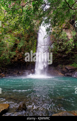 La cascata la Cangreja fa parte del Parco Nazionale Rincon de la Vieja, Costa Rica, che è un sito patrimonio mondiale dell'UNESCO dal 1999. Il colore blu della laguna è causato dai sali vulcanici presenti nell'acqua. Il paesaggio è molto suggestivo. Non è solo causato dall'altezza di caduta di 50 m. È anche perché la foresta densa intorno. Per raggiungere la cascata dovete fare un'escursione di 5 km attraverso la foresta pluviale e l'erba aperta. I continui alti e bassi lungo il percorso, le pietre scivolose e le radici degli alberi massicci rendono l'escursione faticosa. Ma ogni metro vale la pena di fare il viaggio. Dovete camminare il Foto Stock