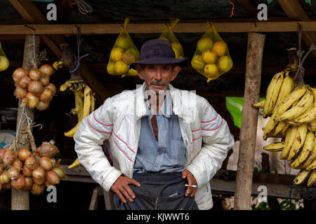 Un vecchio vende frutta e verdura fresca per strada. Anche se il suo negozio sembrava molto povero, l'uomo era molto cordiale. Ho comprato alcune banane e ho chiesto di fare una foto, che ha permesso. Lui rise quando vide il risultato. Foto Stock