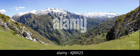 Vista della frastagliata Collau los Buitres dall'alto alp di Pandescura in Picos de Europa Mountains del nord della Spagna vicino Bobia Foto Stock