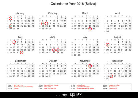 Calendario dell'anno 2018 con festività pubbliche e festività per la Bolivia Foto Stock