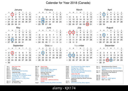 Calendario dell'anno 2018 con festività pubbliche e festività nazionali per il Canada Foto Stock