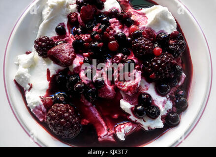 Una ciotola di yogurt greco nero con frutti di bosco Foto Stock