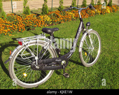 Nica, Lettonia - 18 ottobre 2008: in stile vintage buone qualità bike è parcheggiato su un prato vicino al letto di fiori Foto Stock