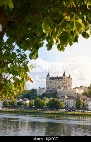 Il centro storico e il castello di Saumur nella Valle della Loira in Francia. Foto Stock