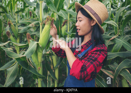 Felice agricoltore che pongono nel campo di grano Foto Stock