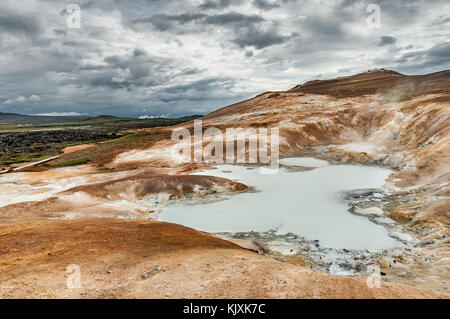 Il solfatares crea un laghetto lattiginoso sulla orange e minerale pendici del vulcano Krafla Foto Stock