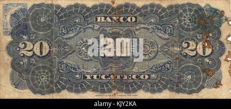 Billete de 20 pesos del Banco Yucateco (Reselllo del Banco Peninsular Mexicano)(reverso) Foto Stock