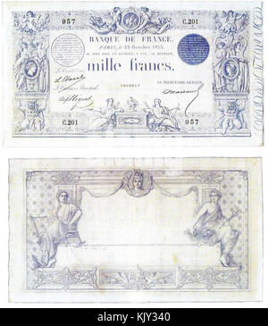 Una banconota blu da 1000 franchi dalla Francia, emessa come parte della serie di valute. Questa nota è significativa per il suo valore storico e per i suoi elementi progettuali durante il periodo di emissione. Foto Stock