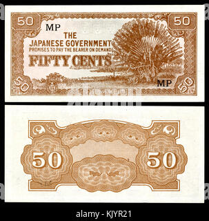 Questa banconota da 50 centesimi dall'occupazione giapponese della Malesia nel 1942 presenta la valuta di emergenza del governo giapponese emessa per sostituire il denaro locale durante la seconda guerra mondiale, mostrando misure economiche in tempo di guerra. Foto Stock