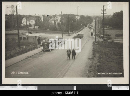 Questa fotografia cattura l'area di Smestad in Norvegia, offrendo uno sguardo al paesaggio e all'architettura locali. L'immagine fa parte di una collezione che documenta vari siti norvegesi, fornendo un contesto storico e culturale della regione. Foto Stock