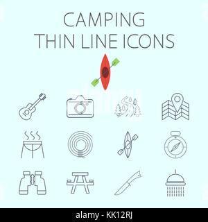 Camping linea sottile icona vettore per il web e applicazioni per dispositivi mobili. Il set include - binocolo, chitarra, cam, road map pin, barbeque, corda, kayak, bussola, tabella Illustrazione Vettoriale