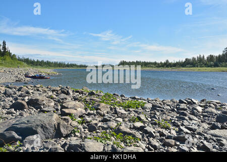 In estate in polar Urali, il fiume sob. nord paesaggio d'acqua. Foto Stock