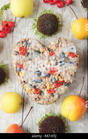 A forma di cuore ad bird feeder fatta con le bacche selvatiche, le sementi e il grasso fuso, sagomato in un cookie cutter, decorata con frutti di bosco, granchio mele e girasoli Foto Stock