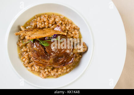 Gourmet di carne fresca di anatra con orzo nella piastra bianca Foto Stock