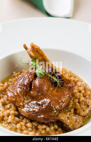 Gourmet di carne fresca di anatra con orzo nella piastra bianca Foto Stock