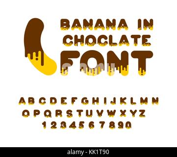 Banana in cioccolato font. dolcezza alfabeto. liquido lettering dolce abc viscoso segno. dessert illustrazione vettoriale Illustrazione Vettoriale