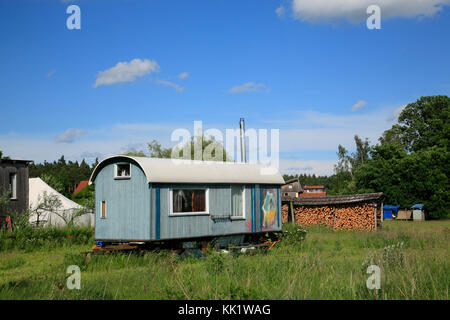 Sito di legno rimorchio, Ecovillage Sieben Linden vicino a Beetzendorf / Salzwedel, Sassonia-Anhalt, Germania, Europa Foto Stock