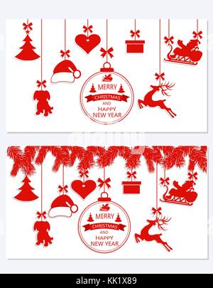Anno nuovo natale. impostare diverse decorazioni santa hat, cervi, cuore, dono, un cane e un albero di natale isolato su bianco. elogiativo iscrizione. illustrazione Illustrazione Vettoriale