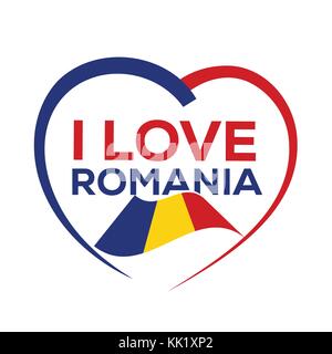 Io amo la Romania con contorno di cuore e bandiera rumena, icona design, isolati su sfondo bianco. Illustrazione Vettoriale