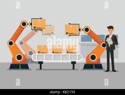Bussinessman utilizzando tablet per l'automazione di controllo robot a braccio macchina in smart factory industriale. illustrazione vettoriale Illustrazione Vettoriale