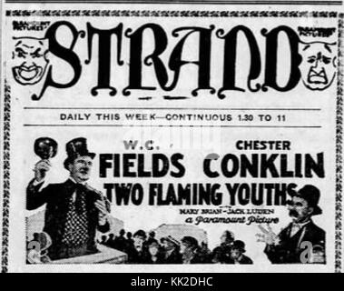 Un annuncio del 22 dicembre 1927, che promuove lo Strand Theater di Allentown, Pennsylvania, che mostra eventi di intrattenimento. Il teatro fa parte della scena storica locale del divertimento. Foto Stock