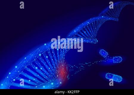La terapia genica dna 3d molecola chimica di struttura bassa poli. triangolo poligonale punto linea cellula sana parte. innovazione medicina blu ingegneria del genoma illustrazione vettoriale futuro della tecnologia aziendale Illustrazione Vettoriale