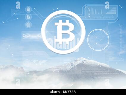 Digitali compositi di vetro Bitcoin cerchio icona e neve interfaccia di montagna Foto Stock
