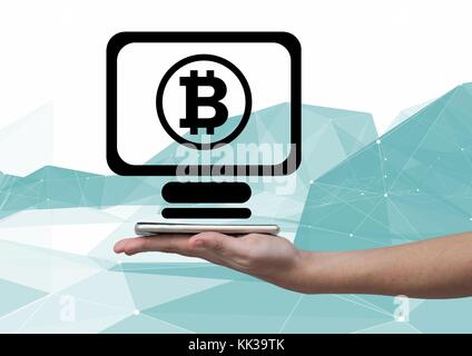 Digital composito di Bitcoin icona computer e la mano che tiene il telefono Foto Stock