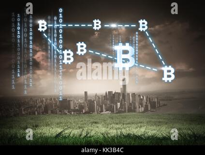 Digital composito di bitcoin grafica icone di collegamento in città con codici binari Foto Stock