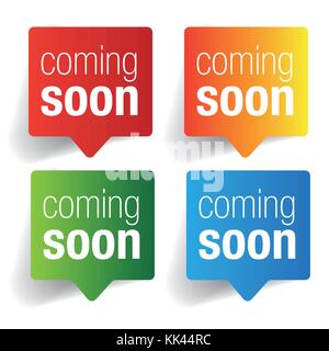 Prossimamente etichetta discorso bolla vettore set Illustrazione Vettoriale