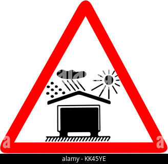 Tenere lontano dalla luce solare, pioggia, neve rossa triangolare avvertenza e attenzione isolato su sfondo bianco. Foto Stock