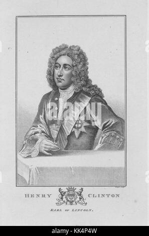 Un attacco a partire da un ritratto di Henry Clinton, 7° Conte di Lincoln, egli era il cognato di Thomas pelham-holles, primo duca di Newcastle che era un eminente uomo politico che aiutato lui nella sua carriera politica, ha servito come incaricata del pagamento delle forze, Conestabile della Torre di Londra e cofferer della famiglia 1750. dalla biblioteca pubblica di new york. Foto Stock