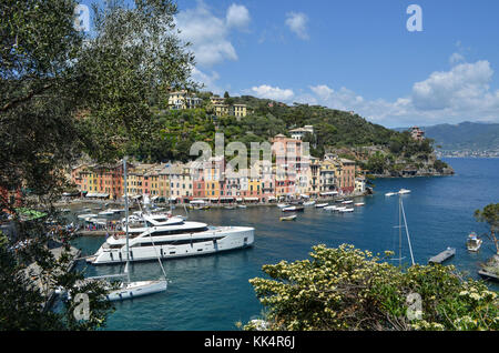 Italia; Liguria: Portofino. Panoramica da una collina di uno yacht e barche a vela in marina del piccolo villaggio con case colorate al riparo in una insenatura Foto Stock