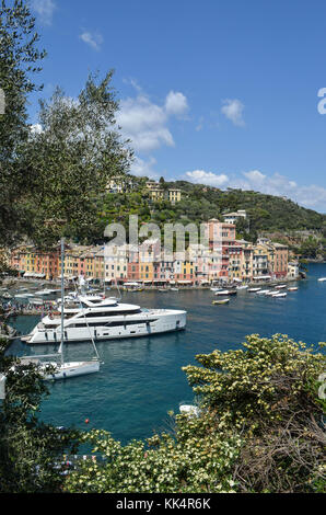 Italia; Liguria: Portofino. Panoramica da una collina di uno yacht e barche a vela in marina del piccolo villaggio con case colorate al riparo in una insenatura Foto Stock