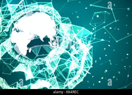 Rete globale di sfondo di collegamento. Blu e tecnologia ciano sullo sfondo. Telecomunicazioni Il concetto di broadcast. Incandescente struttura del plesso con il pianeta Terra e particelle. Abstract illustrazione vettoriale. Illustrazione Vettoriale