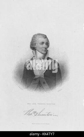 Un'incisione da un ritratto di Thomas Sumter, fu brigadiere generale nella milizia del South Carolina durante la guerra rivoluzionaria americana, le forze britanniche si sono accusate di lui per la sua tattica particolarmente feroce sul campo di battaglia, Ha servito un membro della Camera dei rappresentanti degli Stati Uniti e del Senato, 1832. Dalla Biblioteca pubblica di New York. Foto Stock