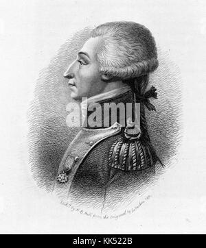 Un'incisione tratta da un ritratto di Gilbert du Motier, marchese di Lafayette, era un ufficiale militare francese che combatté per gli Stati Uniti durante la guerra d'indipendenza americana, era un amico intimo di molti dei Padri fondatori, fu anche una figura centrale sia nella prima che nella seconda rivoluzione francese, nel 1871. Dalla New York Public Library. Foto Stock