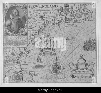 Mappa del New England con ritratto del capitano John Smith, ammiraglio del New England, fu un soldato inglese, esploratore e autore, primo esploratore inglese a mappare l'area della baia di Chesapeake e del New England, che fu anche il cartografo di questa mappa, 1635. Dalla New York Public Library. Foto Stock