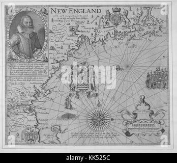 Mappa di New England con inserto ritratto del capitano John Smith, ammiraglio della Nuova Inghilterra, era un soldato inglese, explorer, e l'autore, il primo esploratore inglese per mappare la Chesapeake bay area e New England, che era anche il cartografo per questa mappa, 1635. dalla biblioteca pubblica di new york. Foto Stock
