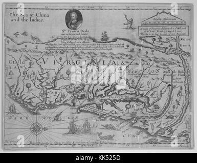 Mappa incisa della Virginia, raffigurante la baia di Chesapeake, l'Oceano Atlantico, e un ritratto di Sir Francis Drake in un inserto in alto, mappa del cartografo John Farrer, incisa da John Goddard, Virginia, 1651. Dalla New York Public Library. Foto Stock