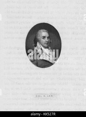 Una incisione da un ritratto di Henry Lee III, egli è stato un tenente colonnello della cavalleria durante la guerra rivoluzionaria americana e successivamente è stato realizzato un maggiore generale dell'esercito degli Stati Uniti, ha servito come il nono governatore della Virginia, ha anche trascorso un termine unico come il rappresentante della Virginia nel Congresso degli Stati Uniti, egli era il padre del generale Robert e Lee, 1800. Dalla Biblioteca Pubblica di New York. Foto Stock